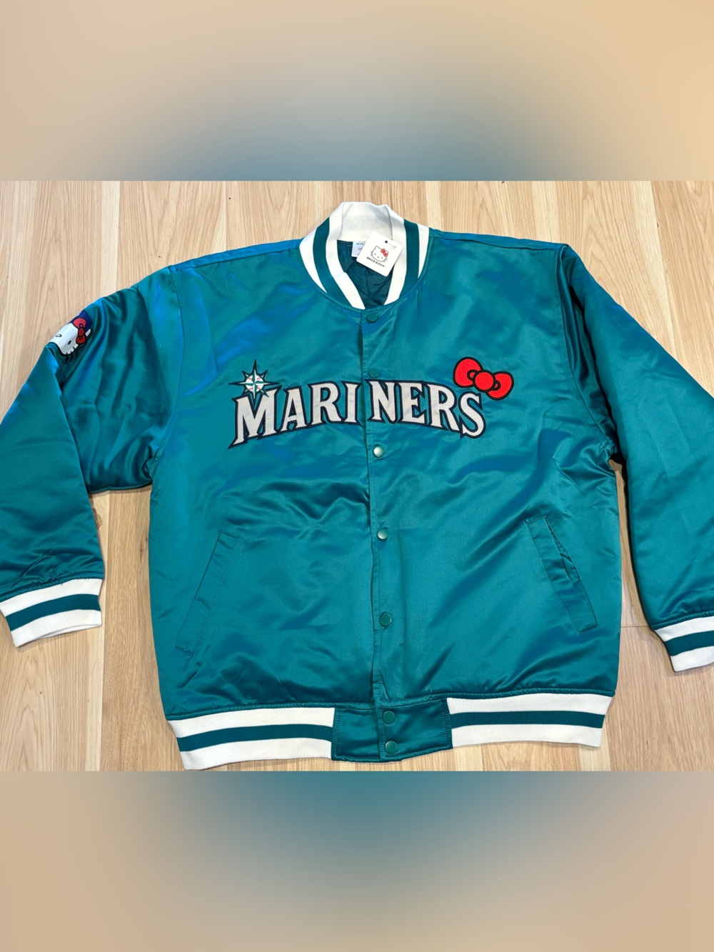 Seattle Mariners Hello Kitty Teal Satin Bomber Jacket Size Large MLB Unisex